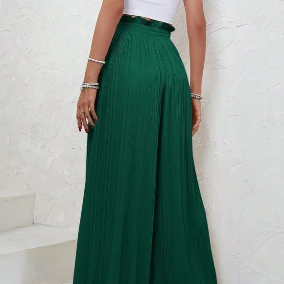 Green Boho Womens Paperbag Waist Pleated Wide Leg Pants - Picture 3 of 5
